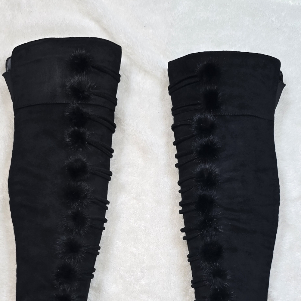 Italina Black Plush Suede Pom-Pom Over-Knee Boots Coquette Whimsigoth Sz.8 - Picture 5 of 16